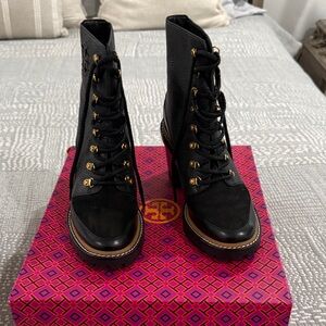 Tory Burch Black and Gold Lace-Up Boots